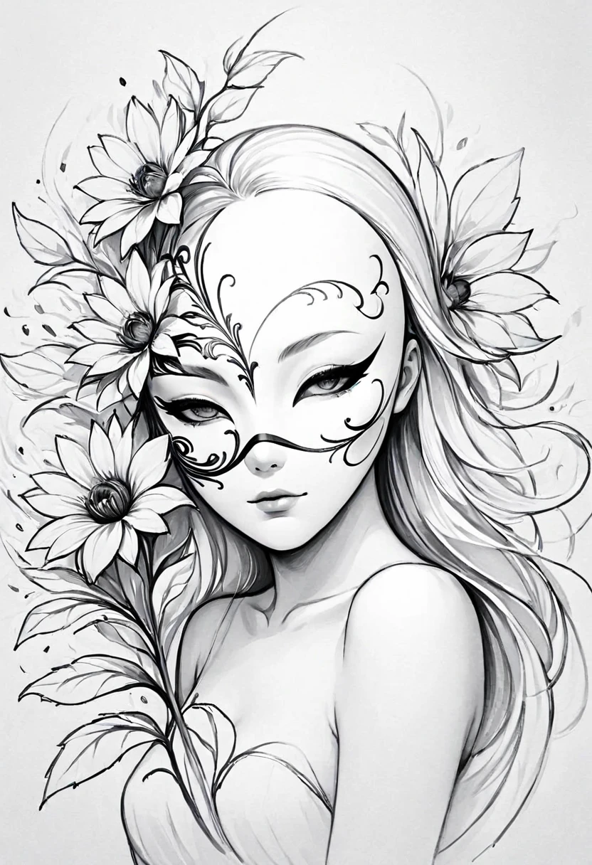 (Anime line drawing:1.5)，(black and white painting:1.45)，Minimalism，(line art:1.6)，sketch，mask，flower,Illustration in surreal art style，surreal dream，Dubrec style,