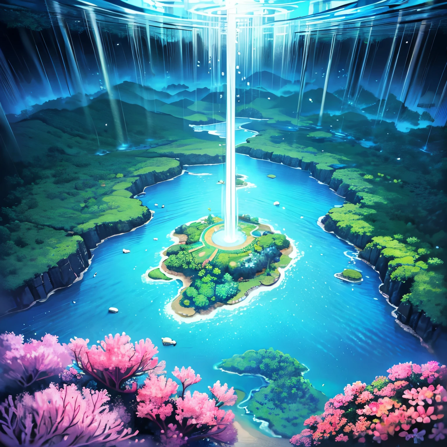 from above, best quality, super fine, 16k, incredibly absurdres, extremely detailed, heart-shaped island surrounded by clear, beautiful coral reef waters, lush greenery, waterfalls, rivers, fantasy world image, fantastic and mysterious, variety of visual styles that combine various artistic elements like a sparkling iridescent pastel and vivid colors