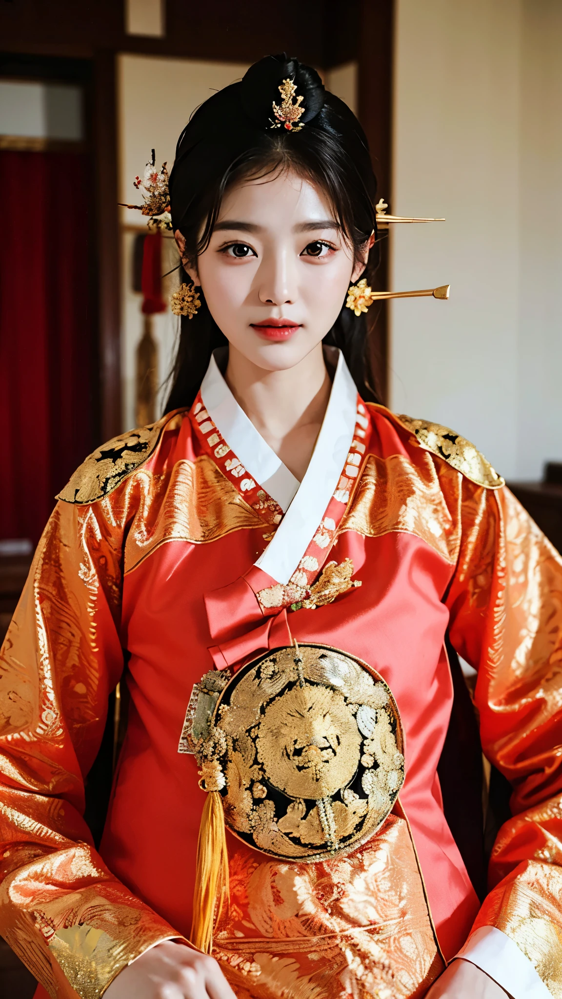 ((top quality, 8 thousand, masterpiece:1.3)), 젊은 korea여자, Han bok, Jergori, head with hairpin, Han bok, smile, high status, Yangban, korea, Gyeongbokgung, (big tits: 1.5)