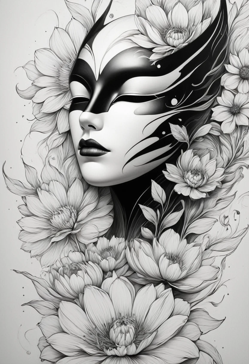 (Anime line drawing:1.5)，(black and white painting:1.45)，Minimalism，(line art:1.6)，sketch，mask，flower,Illustration in surreal art style，surreal dream，Dubrec style,