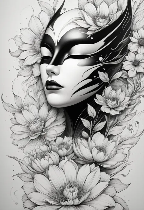 (Anime line drawing:1.5)，(black and white painting:1.45)，Minimalism，(line art:1.6)，sketch，mask，flower,Illustration in surreal ar...