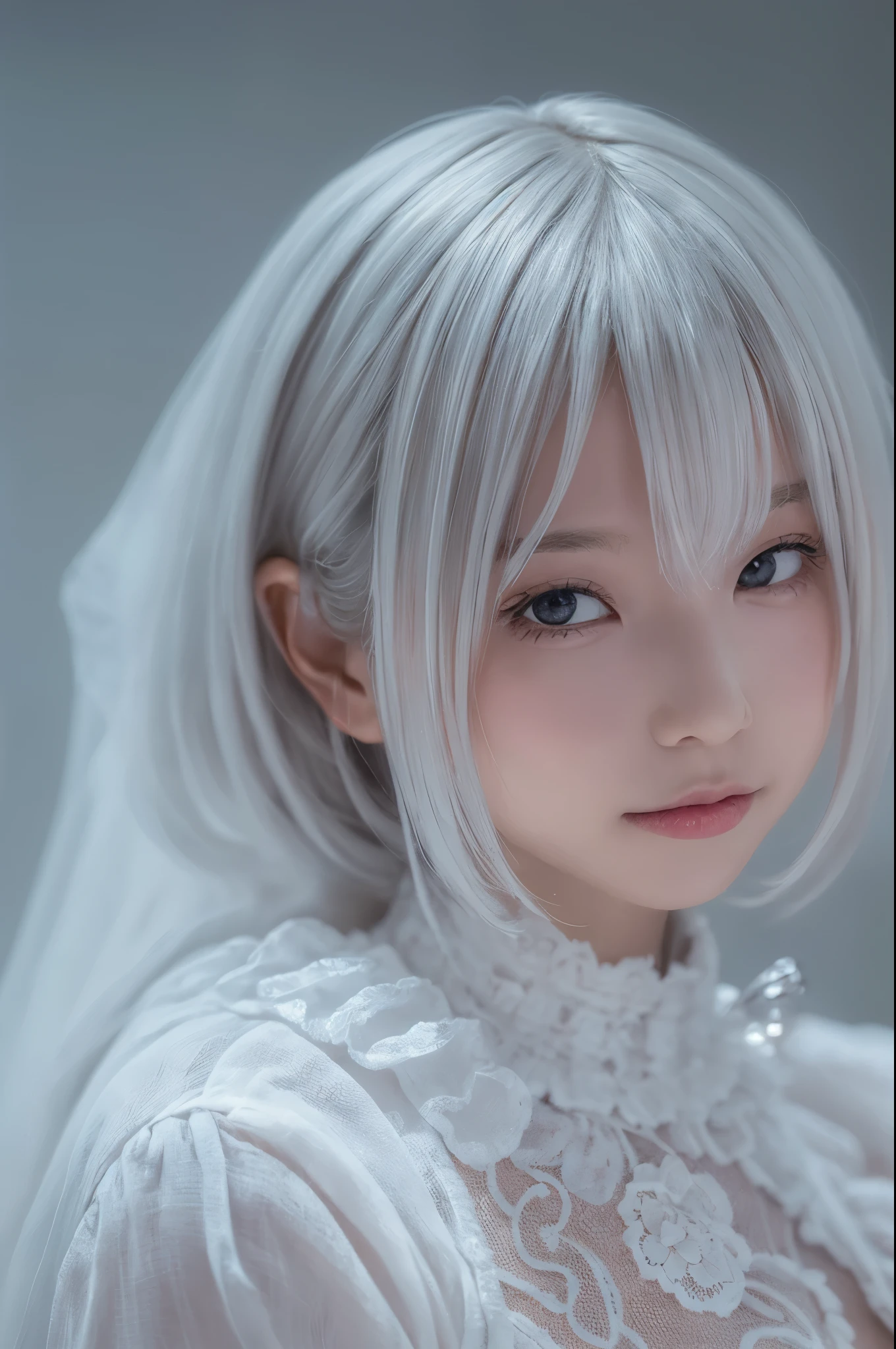 ((high quality)),table top,(Detailed depiction of local details:1.2),1 Japanese girl,(plump breasts:1.3),Enchanted Valley,closed mouth,eyelash,looking at the viewer,portrait,alone,Upper body,gray hair,white theme,short hair,silver hair,Yoruhano. 2 Type B,