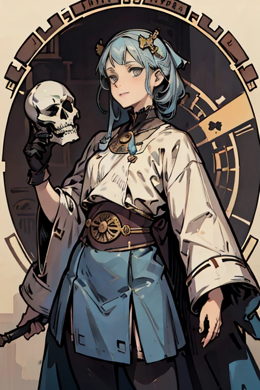 (masterpiece), (High resolution), (super delicate),,(Horror elements), high school girl uniform,Cute Core Clown、Skull Accessories、((Alphonse Mucha 1.5))light blue hair、
