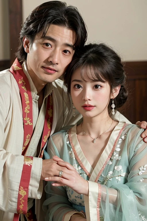 ((highest quality)), ((masterpiece)), (be familiar with),perfect face、Enchanted body

 ((IshiharaSatomi、いしはらSatomi、Ishihara、Satomi、woman、necklace、earrings、Engagement Rings、bangles、Chignon Cap、wife、husband婦、Hanfu))

 ((husband、husband婦、Chinese、husband、middle aged、Ugly、Old man、fat、Hanfu)) 

fold your arms、Snuggle up close、marriage式、marriage、A lavish reception