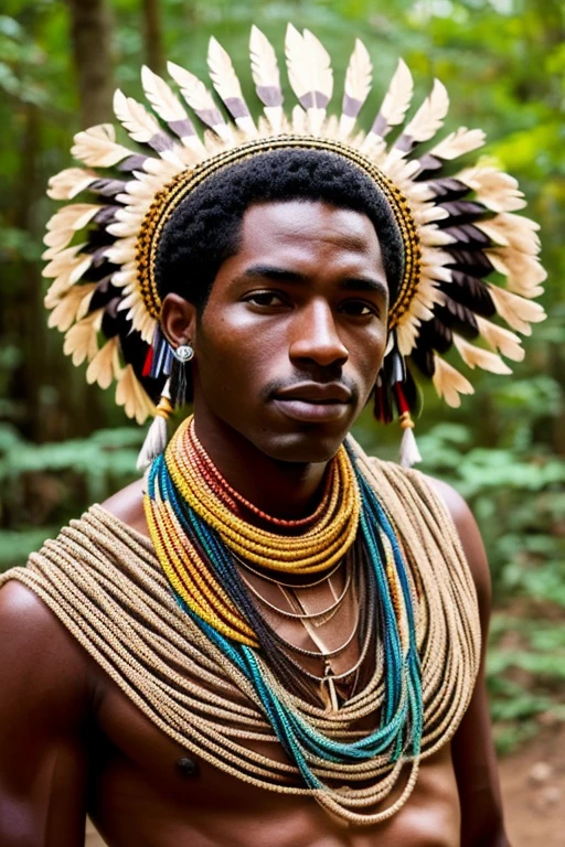 homem africano de pele negra muita escura, Indian uses bow and arrow in his hand, Indian style feather headdress, african necklaces on the neck, wears a leopard skin skirt, is in the forest, His virtues are courage and intelligence, protetor dos animais e da floresta