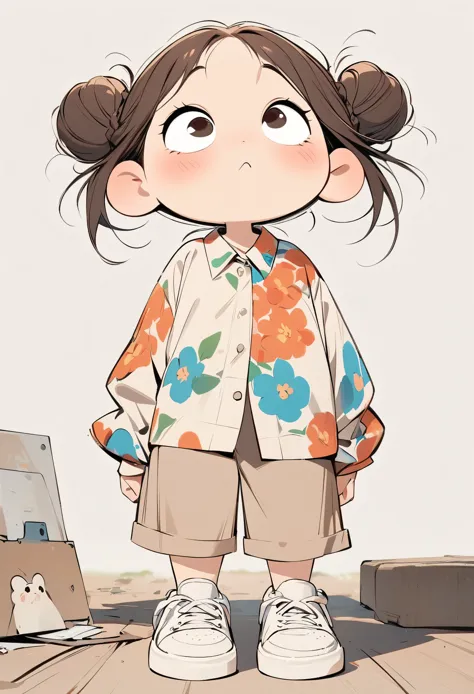 (masterpiece, best quality:1.2), cartoonish character design。1 girl, alone，big eyes，Cute expression，Two hair buns，Floral shirt，work clothes，white sneakers，stand，interesting，interesting，clean lines