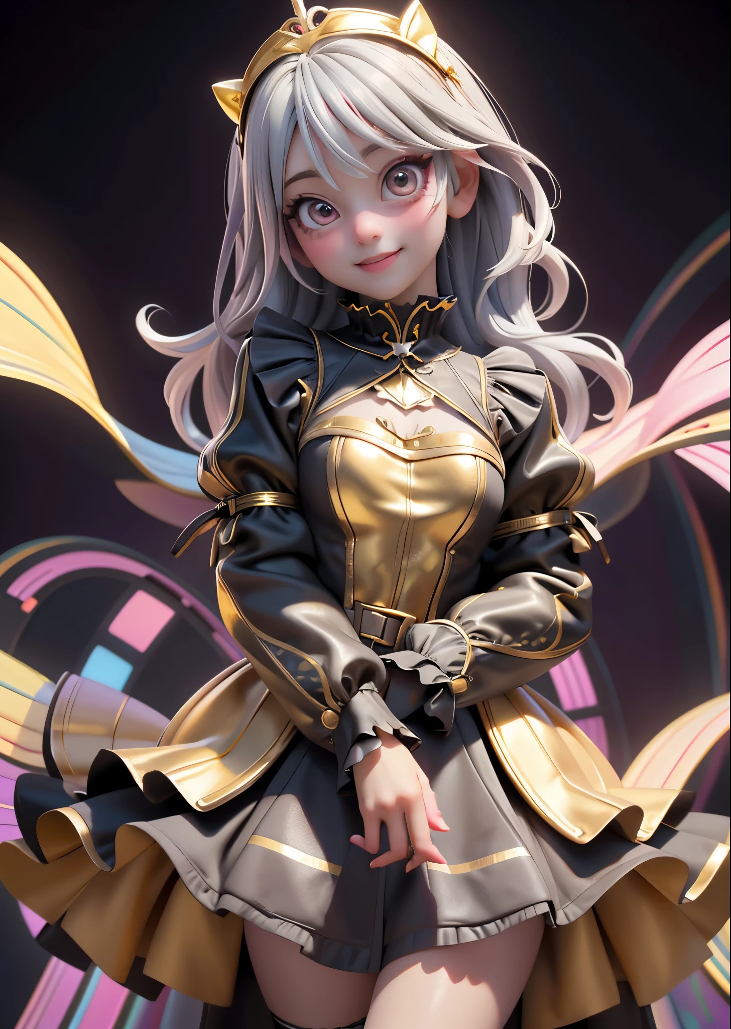 Psychedelic world、Cyber Gothic Lolita Fashion、1 cute girl、smiling girl、Big eyes、small breasts、Silver gold hair、colorful gel background、Fractal background、perfect lighting、sharp focus、High resolution、High resolution、High color rendering、High resolution、Super realistic、realistic 