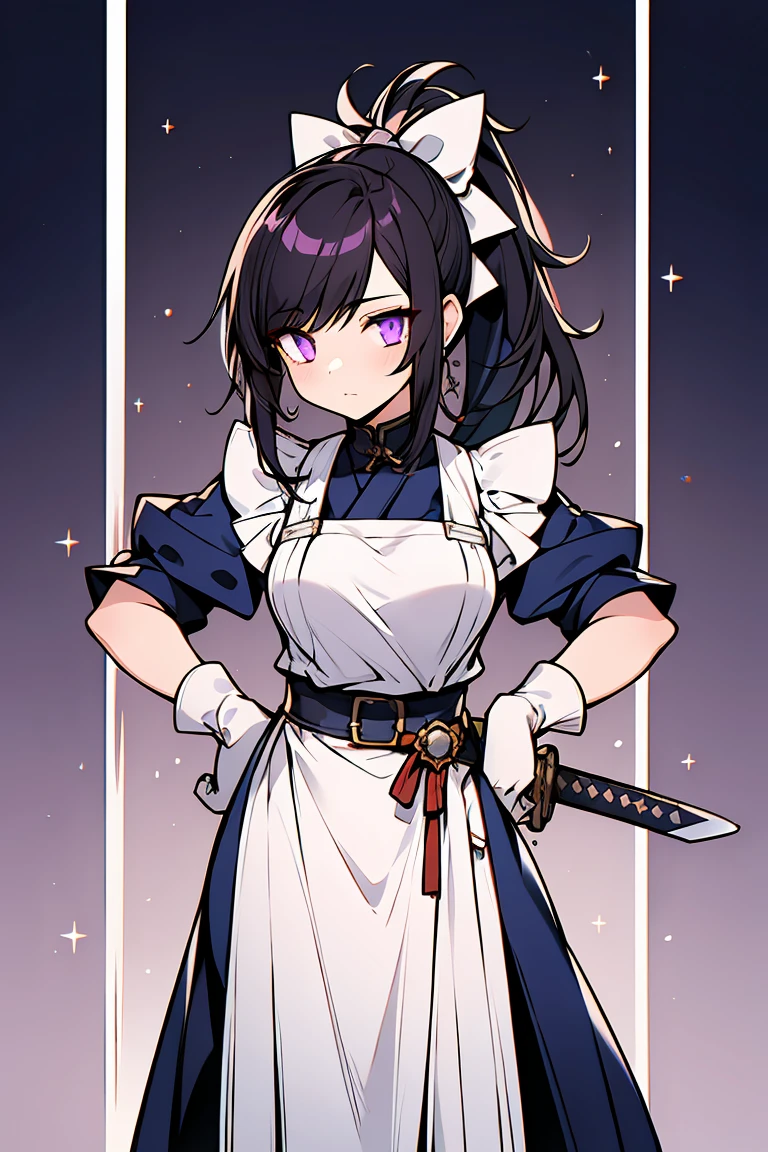 1 Japan sword, Blue glowing blade, 1 metre blade, ((1 girl)), Navy blue western style maid outfit, cowboy shot,((Super detailed,highest quality, High resolution , 8k wallpaper, beautiful clothes,)),((black hair, ponytail , trimmed bangs,messy hair)), eye shadow, eyeliner,Glow eye, highly detailed eyes, beautiful eyes, ((shining purple eyes)), 18 year old girl