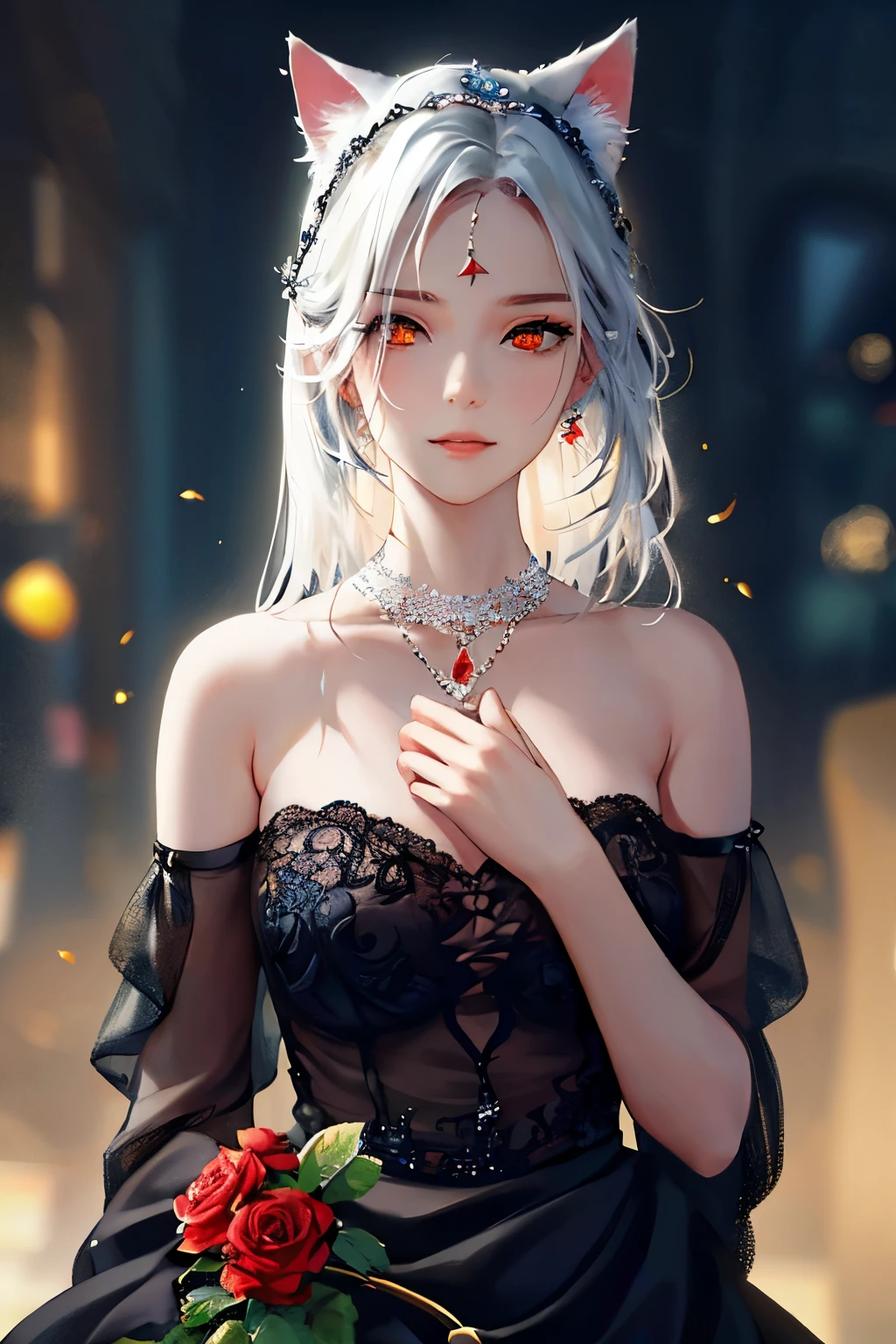 (Best quality, masterpiece), (1 girl, One, black dress, standing , I look at the viewer, White hair, Finely detailed red eyes, holding a rose, closed mouth, upper body, cat&#39;s ears, ears invisible, Finely detailed hands ), (red dreamcatcher behind, Red flower, )