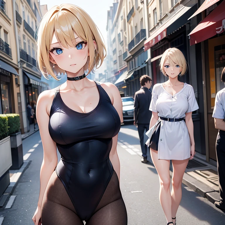 2D anime style、blue eyes、The eyes sparkled beautifully.,The breasts will become slightly larger.、Cool adult woman with short blonde hair and a serious expression....、Fashion that shows off your belly, Walking the streets of Paris,
,Leotard, Psychopath likes to show off.,