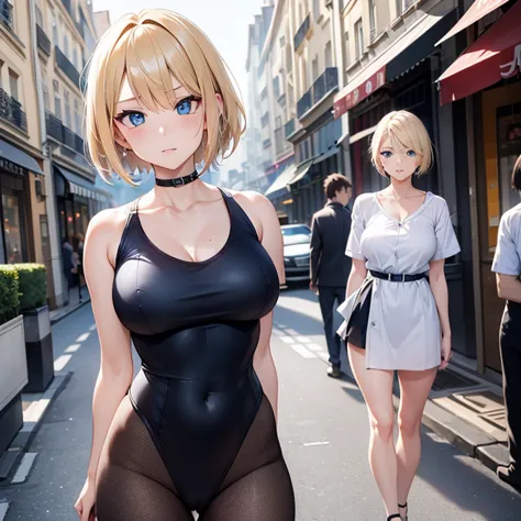 2D anime style、blue eyes、The eyes sparkled beautifully.,The breasts will become slightly larger.、Cool adult woman with short blo...