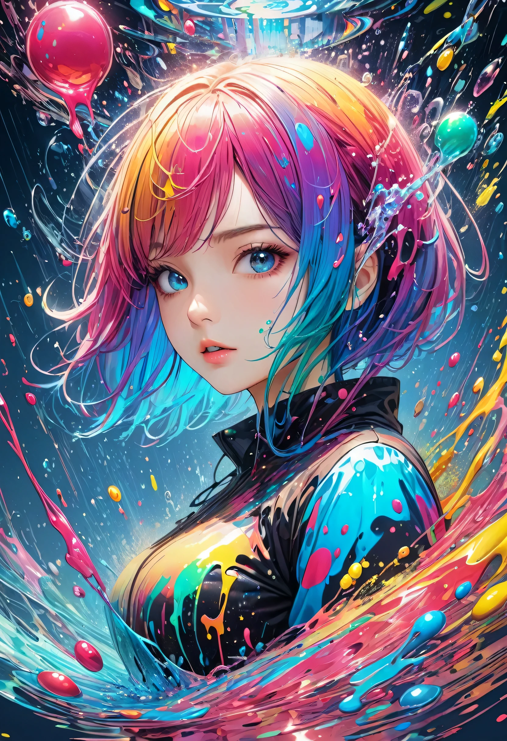 ((1 girl)), colorful, Dot, Colorful paint, splash paint, liquid, fog, Bright colors, matrix, hologram, disorganized, Detailed, Super detailed, very detailed, Complex, masterpiece, 8k，KHD，8K resolution，master piece