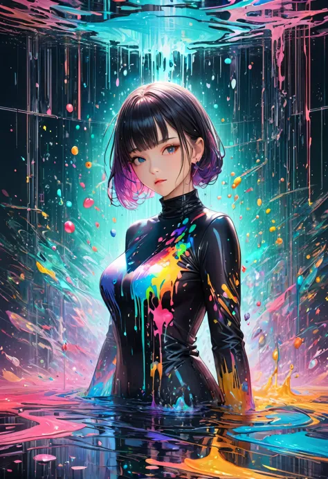 ((1 girl)), colorful, dot, colorful paint, splash paint, liquid, fog, bright colors, matrix, hologram, disorganized, detailed, s...