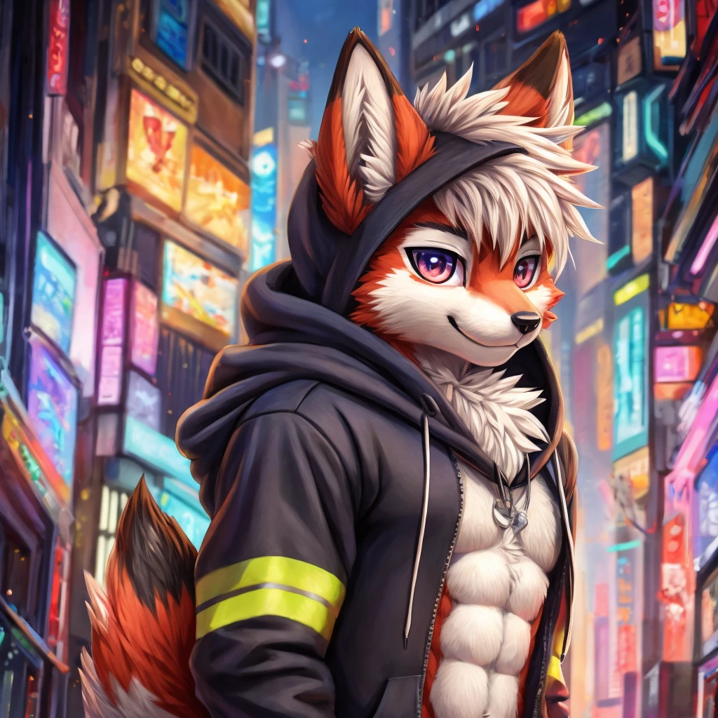 anime character with a cat like face and a hoodie, furry character, art of silverfox, furry character portrait, furry fursona, furry anime, furry furaffinity, kemono, furry art!!!, furry art, fursona art, fursona furry art commission, commission for high res, anthro art, male fursona, an anthropomorphic cyberpunk fox,abs