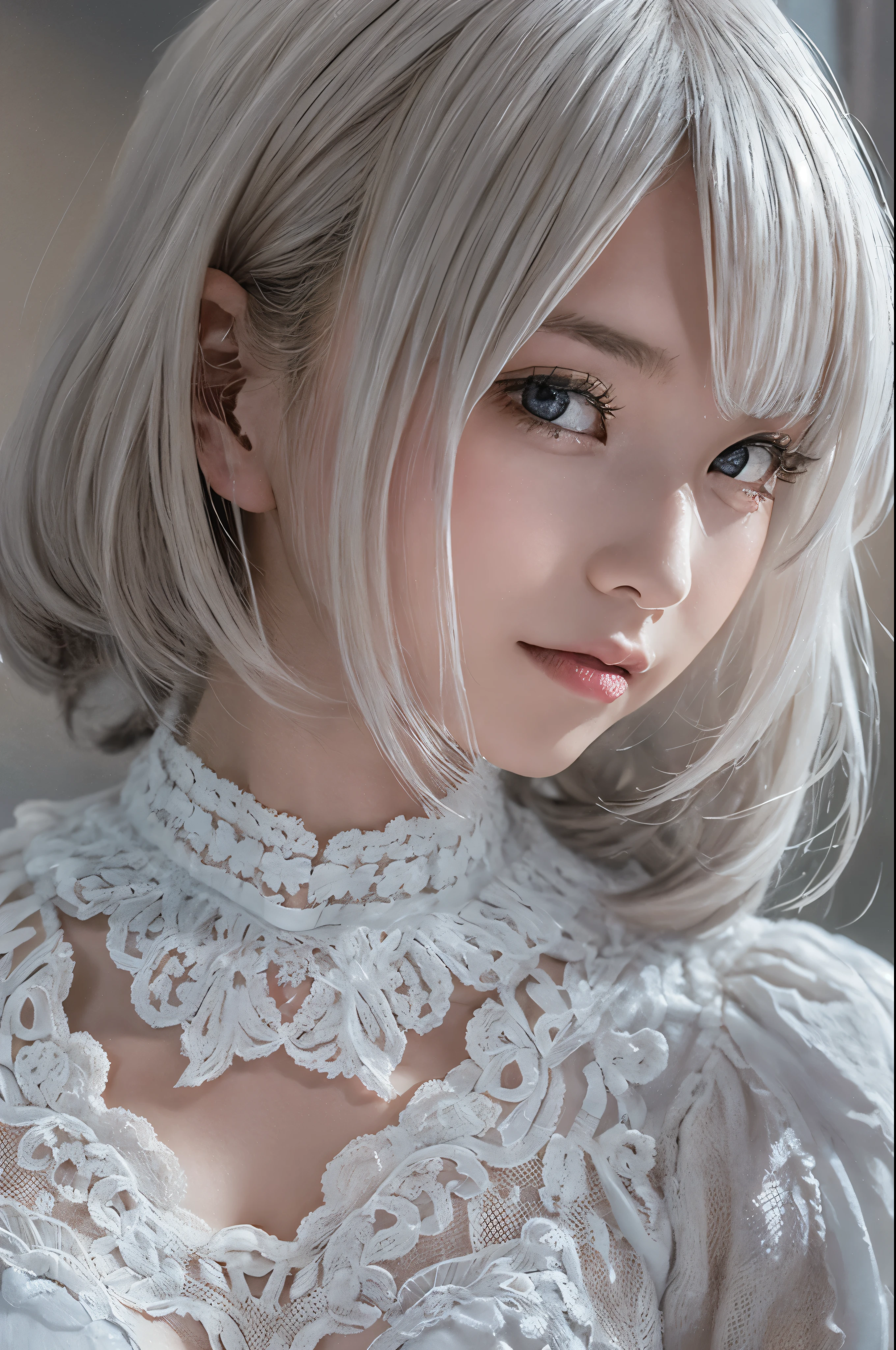 ((high quality)),table top,(Detailed depiction of local details:1.2),1 Japanese girl,(plump breasts:1.3),Enchanted Valley,closed mouth,eyelash,looking at the viewer,portrait,alone,Upper body,gray hair,white theme,short hair,silver hair,Yoruhano. 2 Type B,