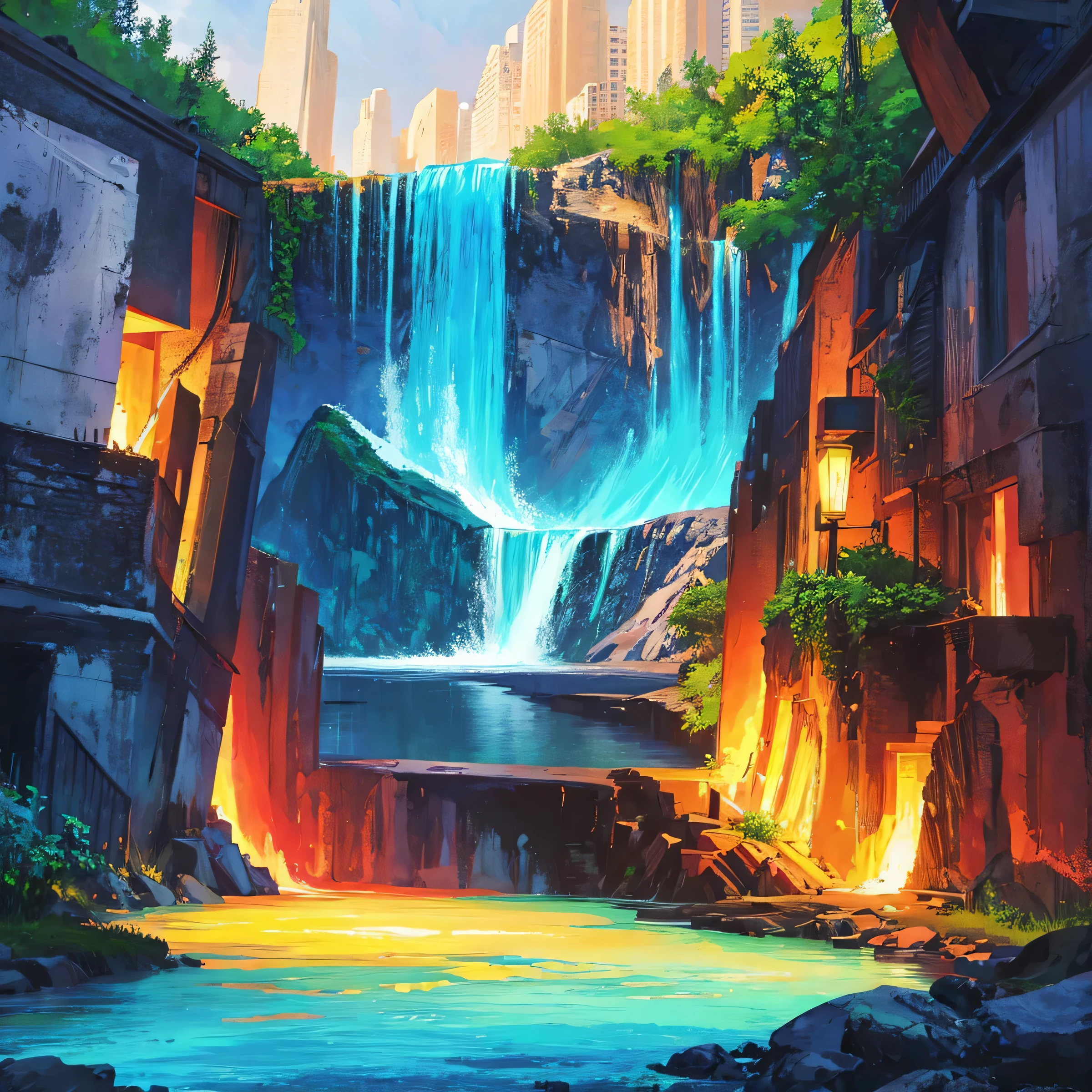 Painting of a waterfall with a rainbow in the middle of it, rainbow river waterfall, with trees and waterfalls, ethereal rainbows, forest and waterfall, just one rainbow 8 k, rainbow, beautiful digital painting, cascading iridescent waterfalls, fantasy painterly style, stunning digital painting, with waterfalls and river, magical forest backround, an endless waterfall, wash technique, colorful, a painting with dripping and scattered paint, Soft Illumination, high quality, master piece