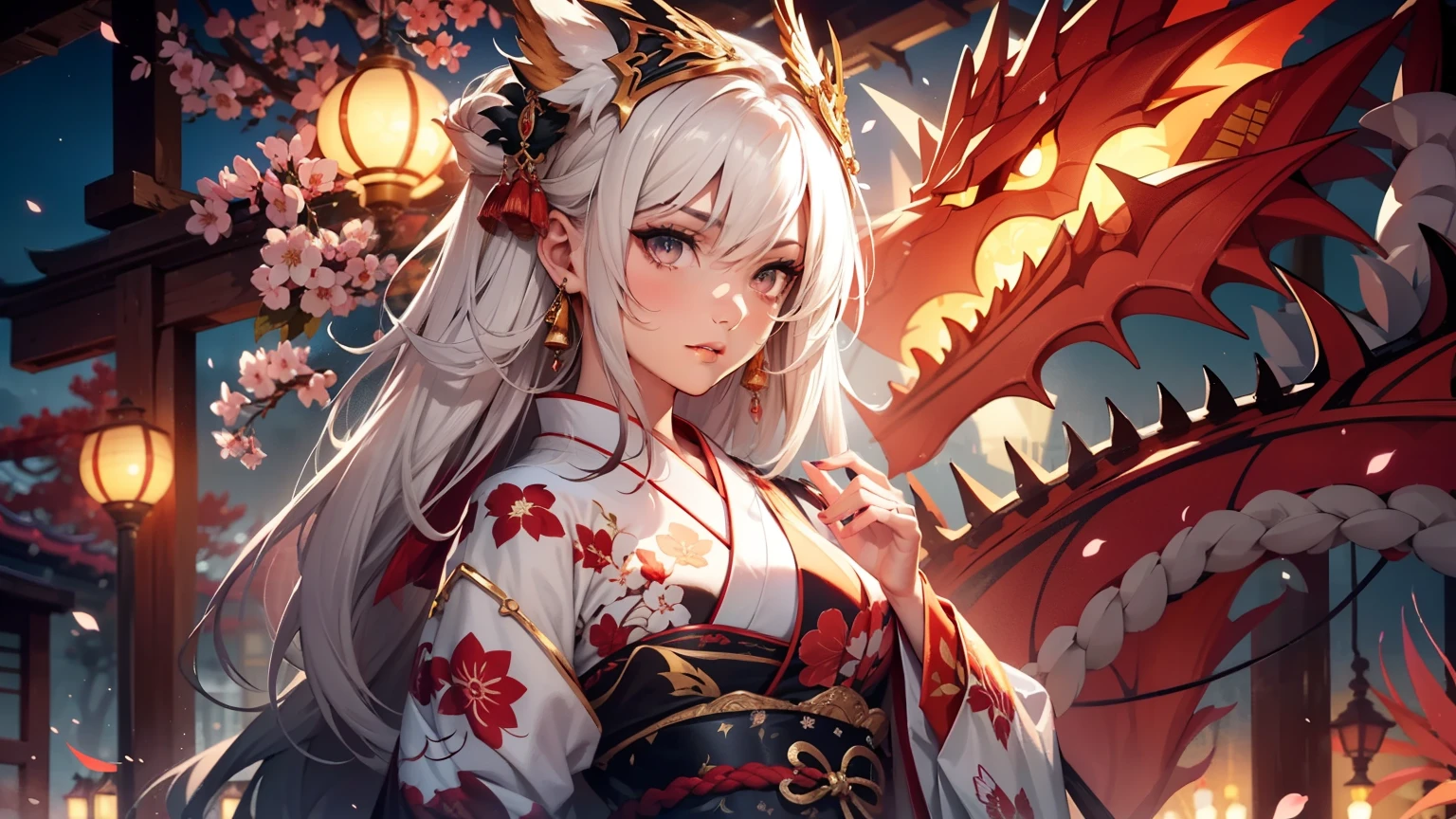 (best quality,ultra-detailed,realistic:1.37),detailed background,oriental nobility,warrior girl,combat arts,holding,oni,traditional costume,flowing fabric,ornate armor,beautifully patterned kimono,sharp katana,ferocious expression,mysterious aura,blossoming cherry blossoms,serene garden backdrop,vivid colors,crimson sunset lighting,lush foliage,delicate cherry blossom petals,striking contrast,lit by flickering lanterns,calmness in chaos,harmony of strength and grace,ethereal atmosphere,ancient Japanese folklore,unyielding determination,adorned with intricate hair accessories,proud and fierce,mythical creature,controlled power,mythology-inspired,artistic interpretation,rich cultural heritage,meticulous attention to detail,exquisite craftsmanship,elegant posture,strength of a warrior,awe-inspiring presence,Light Edge, Two-tone Lighting, (High Detail Skin: 1.2), 8K UHD, DSLR, Soft Light, High Quality, Volume Lighting, Candid Photo, High Resolution, 4K, 8K, Background Bokeh, dragon companion, very vibrant colors, very high contrast