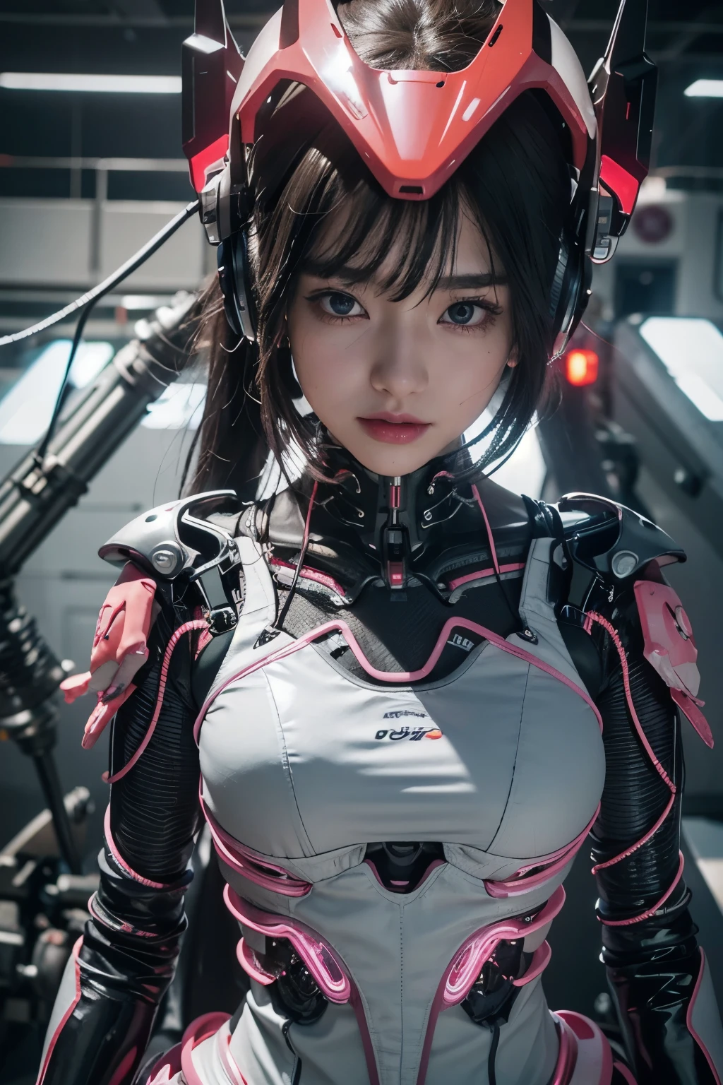 top quality、​Masterpiece、ultra high resolution、(Realism:1.4)、original photo、1 girl、black hair、shiny skin、1 Mechanical Girl、((Super realistic details))、portrait、global illumination、shadow、octane rendering、8K、Super sharp、huge 、Raw skin exposed at cleavage、Metal、Intricate jewelry details、headphones on head、Hydraulic cylinder、Highly intricate details、realistic light、CG social trends、purple eyes、glowing eyes、face camera、Neon details、mechanical limbs、Blood vessels connect to tubes mechanically attached to the vertebrae in the back、Mechanical cervical spine immobilizer、Wires and cables connected to the head、Neon Genesis Evangelion、cyberpunk、small LED light、processor、Luminous tube、perfect proportions、In the background is the cockpit of a futuristic spaceship、