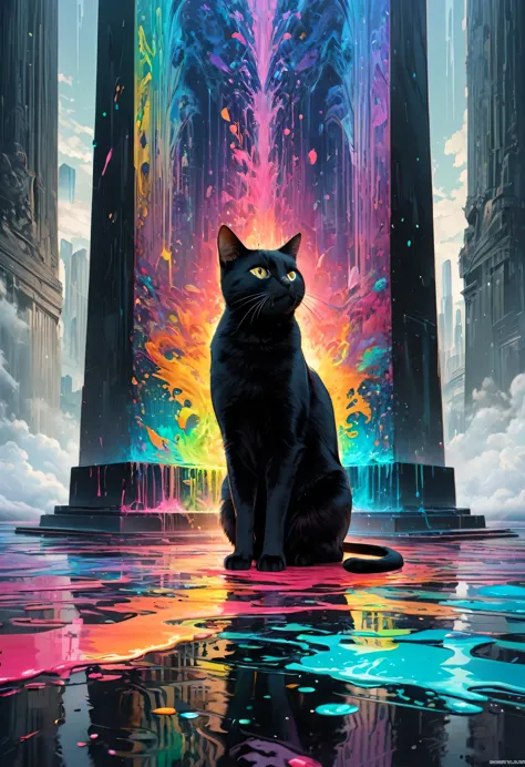 ((1 black cat)), colorful, (monolith:1.4), very deep composition、colorful paint, splash paint, liquid, fog, bright colors, matri...