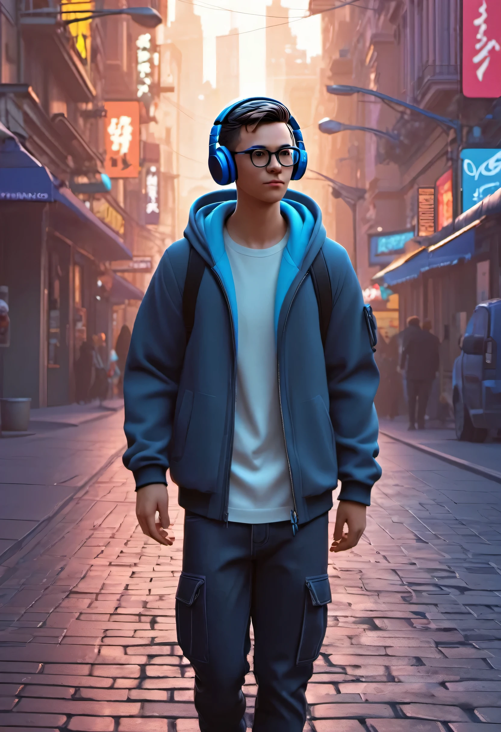 Un personnage masculin de dessin animé,  porter des vêtements décontractés et élégants, moderne, porter des écouteurs, Lunettes, je garçon ,animation, Pixels Disney, rendu homme  , Disney Pixer ,Haute qualité, 8k,cyberpunk, Rue de la ville