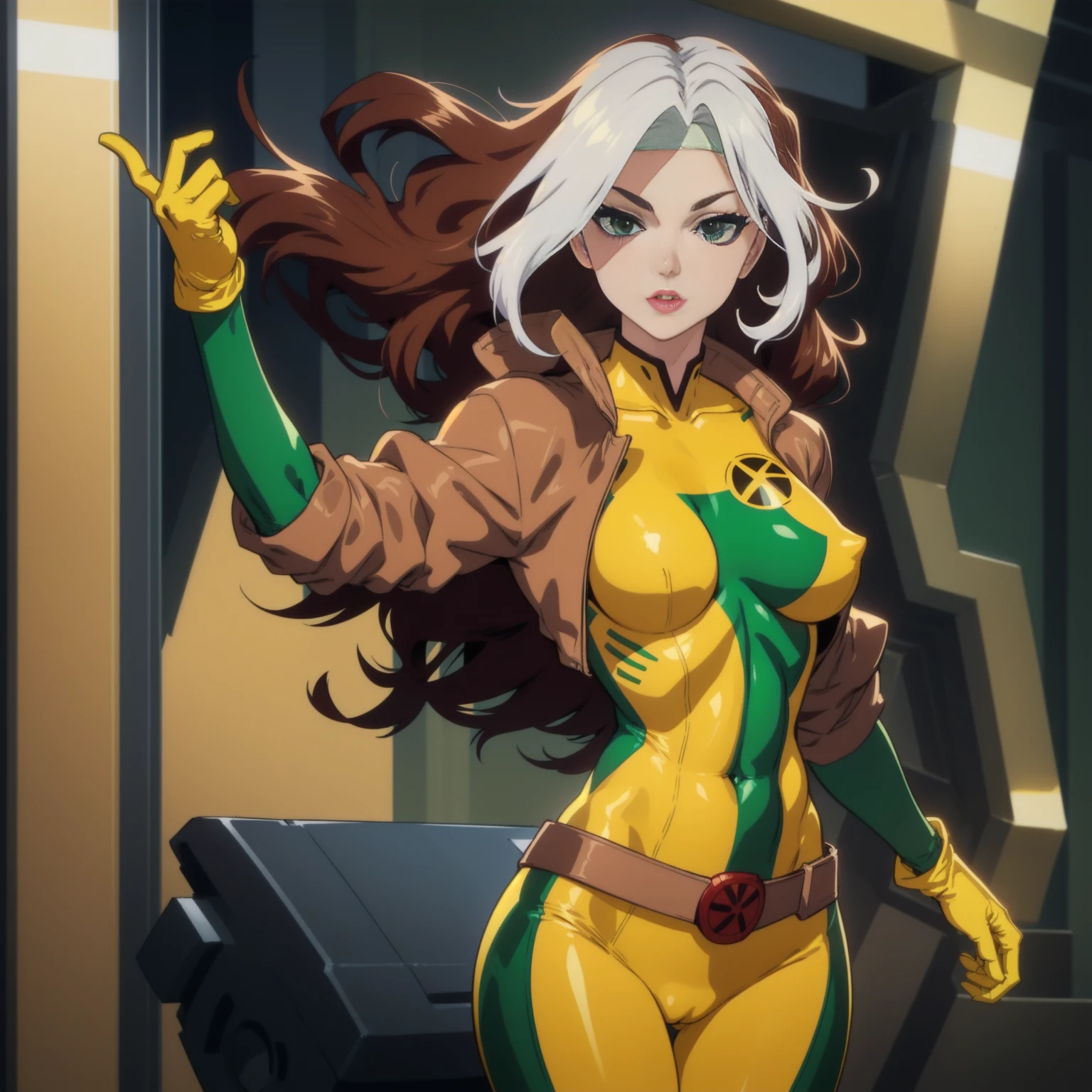 CARTOON_X_MENs_Rogue,ownwaifu, long hair,breasts,brown hair,green eyes,lipstick,makeup,lips,white hair,two-tone hair,headband,wavy hair,large breasts,messy hair,curly hair,big_hair, yellow bodysuit,jacket,gloves,belt,yellow gloves,green bodysuit,bodysuit,multicolored bodysuit,superhero, skin tight,multicolored clothes, 1girl, solo, looking at viewer,straight-on, upper body, official art, highres, scenery, (masterpiece:1.1), (best quality,:1.1), (high quality:1.1), (anime screencap:1.2), cameltoe, (very tigth clothes detailing breasts niples and shaved pussy):2, full body perspective view.