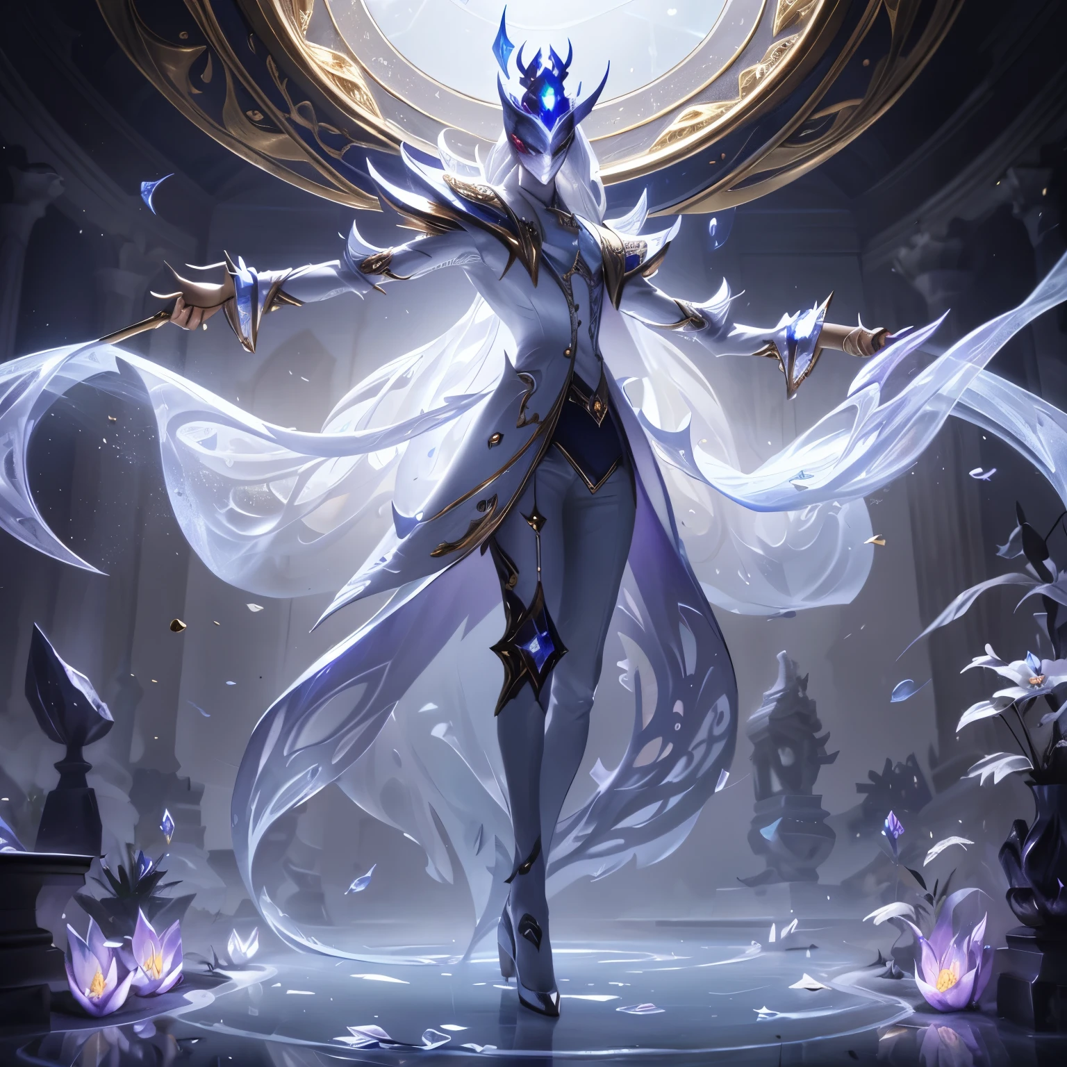 white shirt,(Spectral magic:1.2), League of Legends สแปลชอาร์ต, devil,(madness:1.2),crystal,mask,fight,bottom view,gold,fish,victorian hat,Europe,Middle Ages,marble pattern,white magic,joy,luxurious,diamond,flower,full figure,(white stone magic:1.2),mirror,mirrorเเตก,ผลึกcrystal,white coat,dynasty,gold lace pattern,water,เศษcrystalสีฟ้า,กลีบflower,Insects,(fiddlestick:1.2),(devilหุ่นไล่กา:1.0), fiddlestick league of Legends ,sleep,harbor