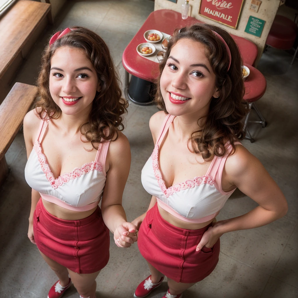 (Best quality, 8k, High Resolution, Masterpiece:1.2), ultra-detailed, (realistic, photorealistic, photo-realistic:1.37), (((Best quality)), ((Masterpiece)), (detailed), a red roller skating waitress from the 1950s in a sexy short tight uniform, ((name tag with the name of the waitress)), ((full body)), 50s-style makeup and hair, ((crowded 50s style diner)), ((small breasts and hips)), ((tiny waist)), ((classic curvy hourglass pin-up girl figure of the 1950s)), ((classic facial features of an American teenager with long eyelashes)), Cheesecake smile with cute dimples, ((reddened, pink cheeks)), ((ultra miniskirt shows long shapely legs)), Bobbi socks, well drawn perfect eyes, ((Well Drawn Hands)), perfect teeth, ((well drawn anatomy)), looking up from the bottom, looks very cheesy, (wide angle), (top_view_perspective:1.3), good hand, high-res, outdoor, perfect hands, top-quality, Photorealistic, A hyper-realistic, realistic hands, perfectly symmetrical face, detailed skin, vivid colours, wide angle lens, HDR, hard shadows, art photography, soft focus, masterpiece, breathtaking, atmospheric perspective, diffusion, pore correlation, skin imperfections, 80mm Sigma f2, depth of field, intricate natural red lighting, wide angle, palms in background