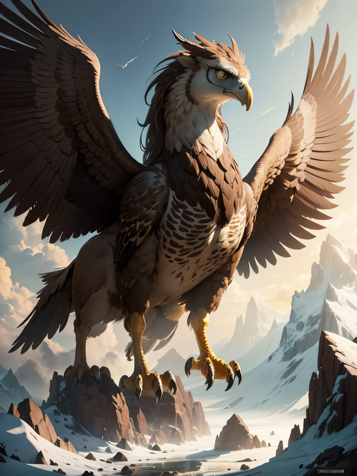 griffin, mythical beast, four legs, two wings, horse body, covered in feathers, brown feathers, hawk head, ultra detailed, high quality, 8k resolution