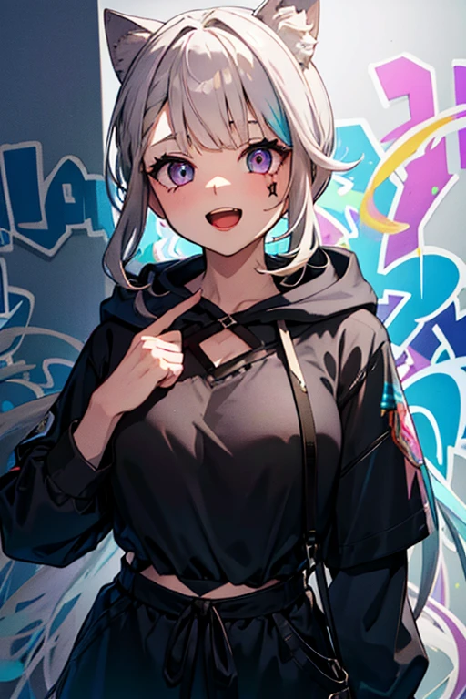 masterpiece, high quality, highres, absurdres, ultra-detailed, 8k, 1girl, platinum grey hair, blue hair, multicolored hair, gradient hair, looking at viewer, colorful eyes, colorful hoodie, (graffiti murals wall background:1.15), brilliant colorful paintings, bloom, portrait, open mouth, waist bag, against wall, bangs, shadow, reflection, Graffiti face, colourful eyes, open mouth, yandere expression, smile, look at viewer