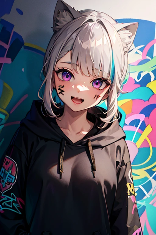 masterpiece, high quality, highres, absurdres, ultra-detailed, 8k, 1girl, platinum grey hair, blue hair, multicolored hair, gradient hair, looking at viewer, colorful eyes, colorful hoodie, (graffiti murals wall background:1.15), brilliant colorful paintings, bloom, portrait, open mouth, waist bag, against wall, bangs, shadow, reflection, Graffiti face, colourful eyes, open mouth, yandere expression, smile, look at viewer