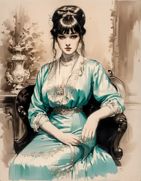 (thick and bold) ink sketch technique on sensual illustration of an elegant queen (((medium hair with bangs:1.4、beautiful bangs)...