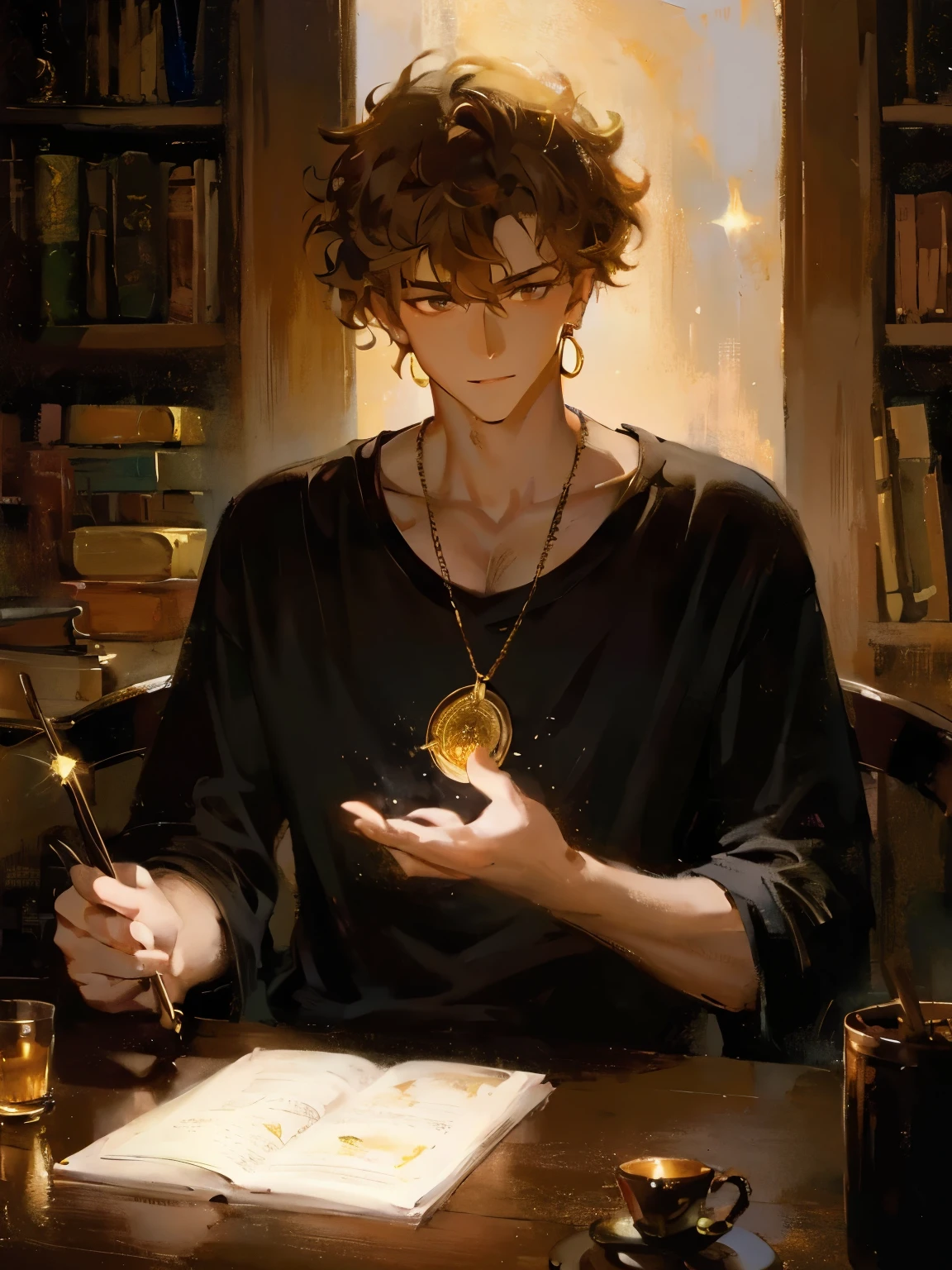 (masterpiece, best quality, high quality, highres:1.2), modern upper body, shoulders, ((male)), adult man, 27yo, tan skin, short messy hair, , messy hair, (curly hair), gold eyes, glowing eyes, hair over forehead, necklace, t-shirt, portrait, lost gaze, library background, (dark background), front, dark clothes, dramatic lighting, face in shadow, warm tones, dark academia, loose shirt, earrings, interior background, magic particles, painterly illustration, Artstation, impressionism painting, realistic, 1boy, reading a book, looking at viewer, dark skin, mystical, magical, glow, glowing, dark magical lighting, moody, cinematic, sparkle, glittering, darkness, mature male, illustration style face