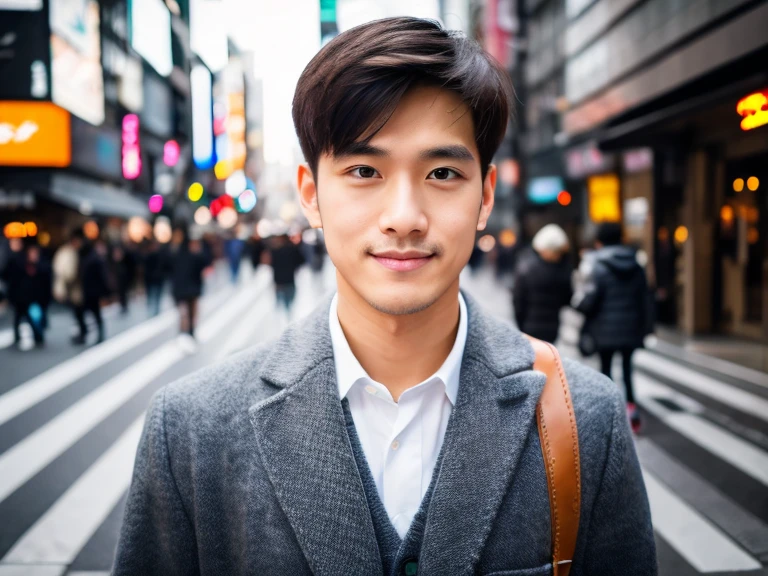 Realism, 8K full body portrait, a handsome guy, 20 year old man,Tokyo street background during daytime. charming expression, Detailed facial details, Tokyo eight cities, Winters, Shibuya background