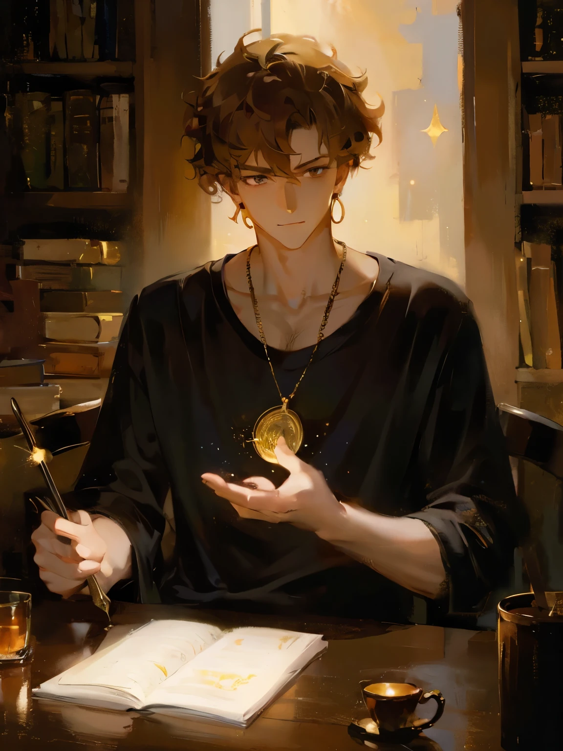 (masterpiece, best quality, high quality, highres:1.2), modern upper body, shoulders, ((male)), adult man, 27yo, ((tan skin)), short messy hair, messy hair, (curly hair), gold eyes, glowing eyes, hair over forehead, necklace, t-shirt, portrait, lost gaze, library background, (dark background), front, dark clothes, dramatic lighting, face in shadow, warm tones, dark academia, loose shirt, earrings, interior background, magic particles, painterly illustration, Artstation, impressionism painting, realistic, 1boy, reading a book, looking at viewer, dark skin, mystical, magical, glow, glowing, dark magical lighting, moody, cinematic, sparkle, glittering, darkness, mature male, illustration style face, (broad jawline)