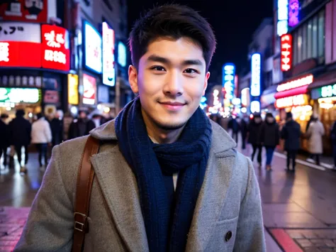 realism, 8k full body portrait, a handsome guy, 20 year old man,street background of dotonbori shinsaibashi in osaka. charming e...