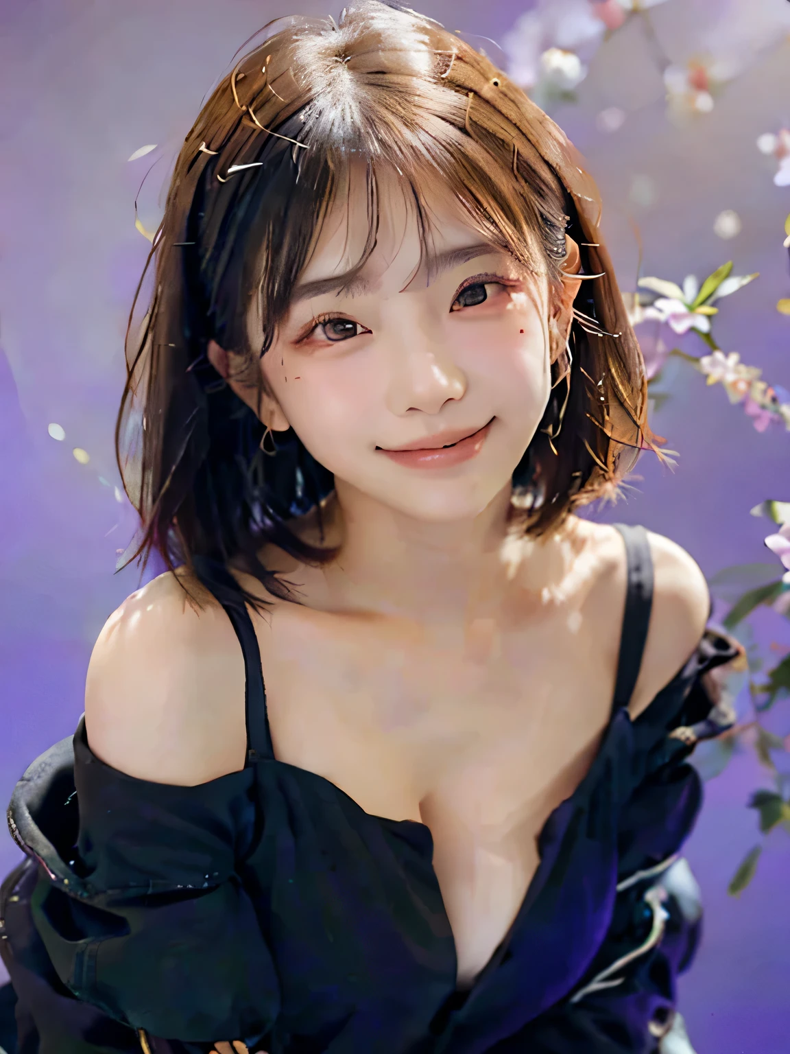 (software:1.8、masterpiece, highest quality, SONYα９ⅡF2 lens shooting),1 girl, alone, have, realistic, realistic, looking at the viewer, light brown eyes, Brunette short bob hair with highly detailed shiny hair, short hair:1.8、Beautiful face in symmetry、spring clothes:1.6, Whity, lips, bangs, outdoor, closed mouth, Upper body、Big eyes、eyelash、((Very simple light purple background:1.8))、(((bangsのあるshort hair、Big eyes、big and full chest、look at the audience、beautiful beauty、show me your ears、long neck、smile、please close your mouth and smile)))、ideal body proportions、(({Huge|big|huge|mega} chest:2, cleavage:2、happy smile、beautiful teeth、))