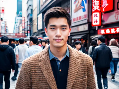 realism, 8k full body portrait, a handsome guy, 20 year old man,street background of dotonbori shinsaibashi in osaka during the ...