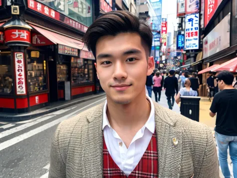 realism, 8k full body portrait, a handsome guy, 20 year old man,street background of dotonbori shinsaibashi in osaka during the ...