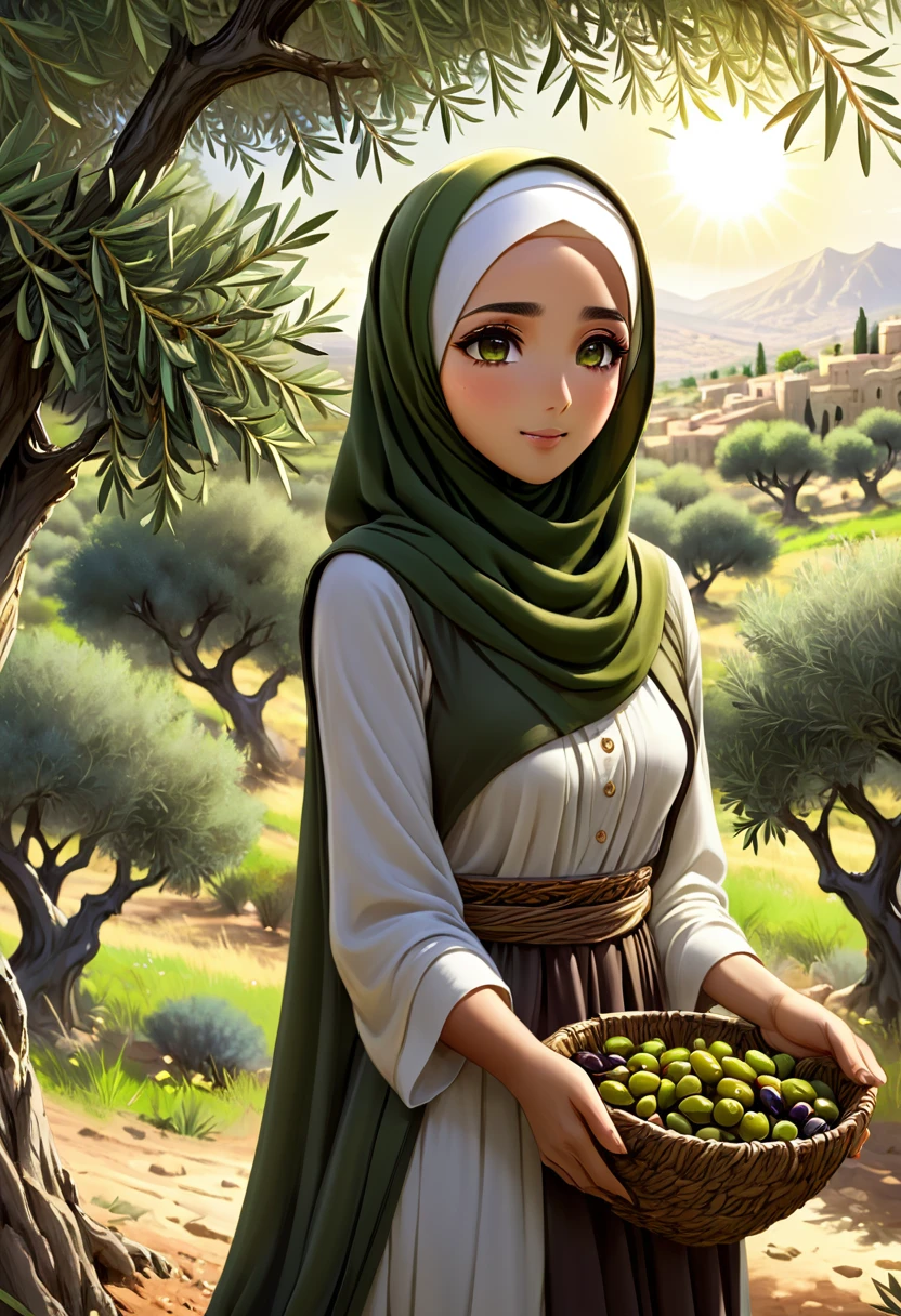 (best quality,4k,highres,hijab:2.0,anime:1.9,hair:0.0,cosmetics:0.0),ultra-detailed,realistic,anime,hijabi woman,anime style,olive tree,harvesting olives,resilience,peaceful atmosphere,gentle hands,ancient trees,cultural symbol,aesthetic scenery,morning sunlight,green landscape,breathtaking view,traditional clothing,beautiful hijab,meaningful gesture,cultural diversity,expressive eyes,serene expression,hopeful expression,peaceful ambiance,graceful movement,harmony with nature,tranquil scene,endless horizon,meditative,emotional,unique perspective,deep connection with land,captivating composition,symbol of perseverance,harvest season