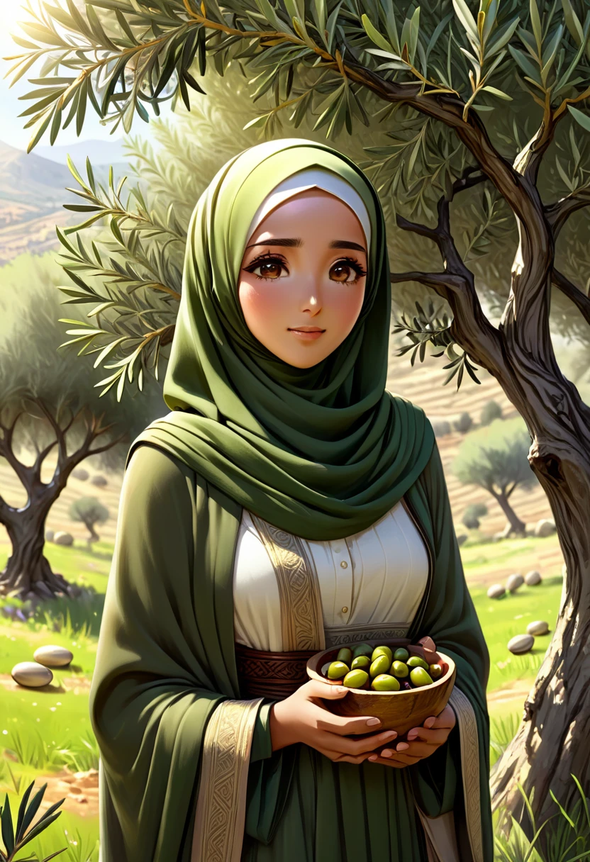 (best quality,4k,highres,hijab:2.0,anime:1.9,hair:0.0,cosmetics:0.0),ultra-detailed,realistic,anime,hijabi woman,anime style,olive tree,harvesting olives,resilience,peaceful atmosphere,gentle hands,ancient trees,cultural symbol,aesthetic scenery,morning sunlight,green landscape,breathtaking view,traditional clothing,beautiful hijab,meaningful gesture,cultural diversity,expressive eyes,serene expression,hopeful expression,peaceful ambiance,graceful movement,harmony with nature,tranquil scene,endless horizon,meditative,emotional,unique perspective,deep connection with land,captivating composition,symbol of perseverance,harvest season