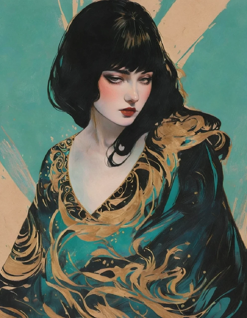 (grosso e ousado) técnica de desenho a tinta na ilustração sensual de uma rainha elegante (((cabelo médio com franja:1.4、linda franja) , vintage ,vestido sedoso, pintura fosca, por John Singer Sargent, por Harumi Hironaka, cores extremamente suaves, moda escura , Pastel Tiffany, Altamente detalhado, arte digital, Alto contraste, dramático, refinado, tonal, um íntimo, ambiente de estúdio sedutor com foco na sensualidade e no romance. Utilize suave, iluminação quente que banha o espaço com uma luz suave, brilho convidativo. Incorpore tecidos luxuosos, móveis luxuosos, e um toque de decadência para evocar um ambiente opulento. A cena deve exalar um ar de serenidade e expectativa, convidando o espectador para um espaço sensual e romântico