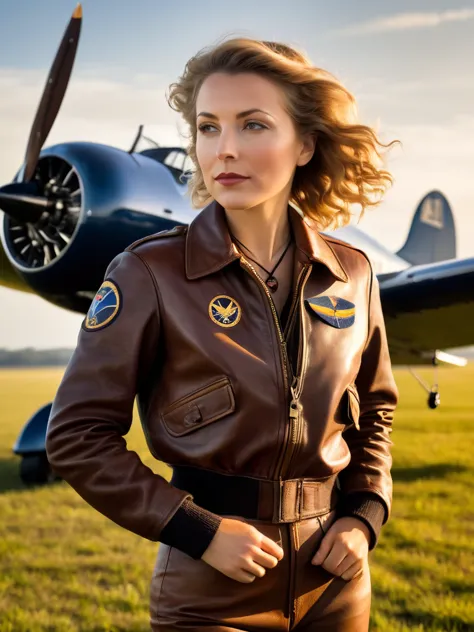 masterpiece, imagine maude adams in 1932, a 32 years old american woman, standing confidently beside her lockheed vega aircraft ...