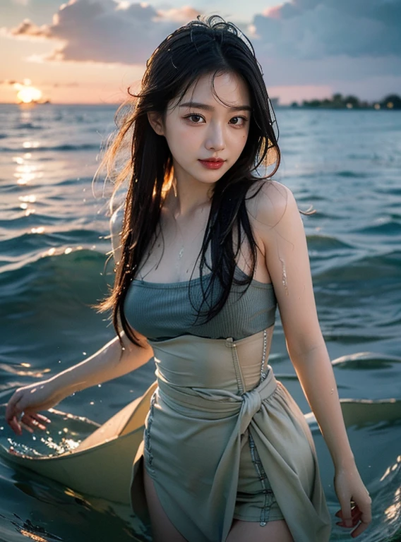 Masterpiece, Best Quality, (Best illustration), (Best Shade) Cute girl in the sea throws her head back, wet hair, (waist deep in water:1.5), sunset, long loose hair, splashes, drops,