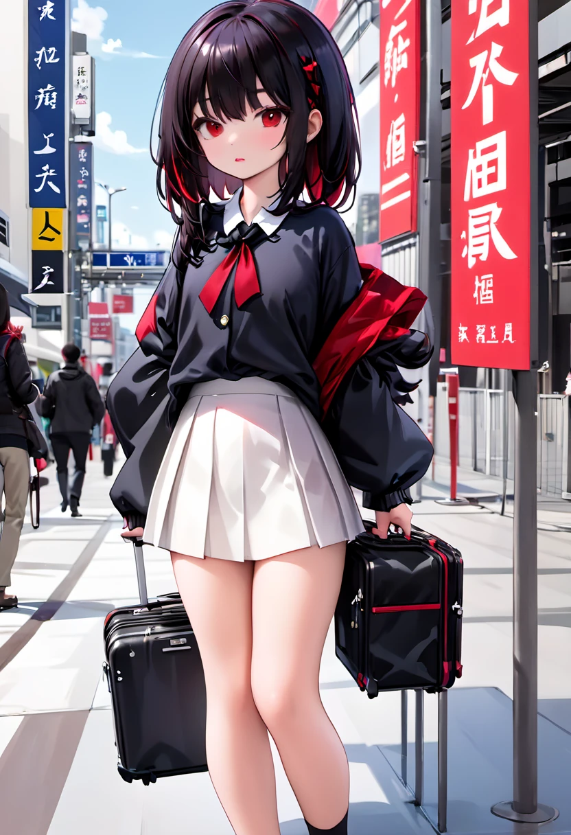 Portrait ultra réaliste en couleur d une belle femme japonaise avec des longs cheveux noires avec une forte poitrine habillée en mini t-shirt blanc et une mini skirt rouge à carreaux noire avec une valise noire sortant de l aéroport avec son homme grand un peu mince avec les cheveux noirs court en veste noire et une cravate noire 