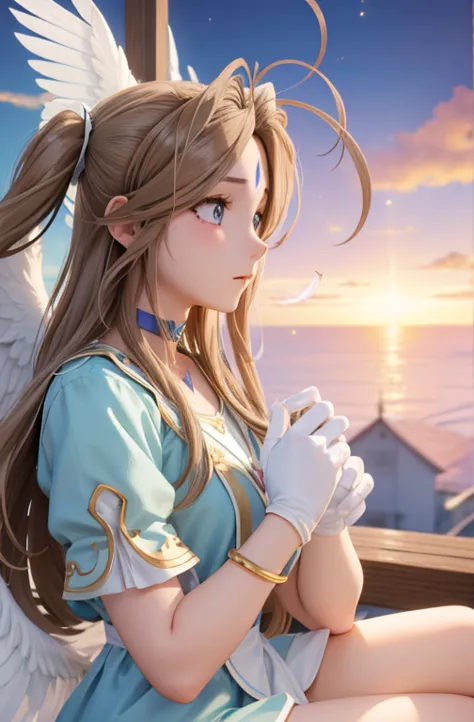 (masterpiece), highest quality, high resolution, belldandy, long hair, blue eyes, brown hair, traces of face, forehead mark, glo...