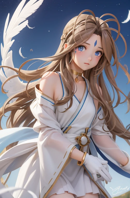 (obra de arte), mais alta qualidade, Alta resolução, Belldandy, cabelo longo, olhos azuis, cabelo castanho, vestígios de rosto, marca na testa, luvas, asa, gargantilha, pulseira, anel, pena, angel asa, vista lateral:0.6, (para descansar:1.1), ficar, 20 anos de idade