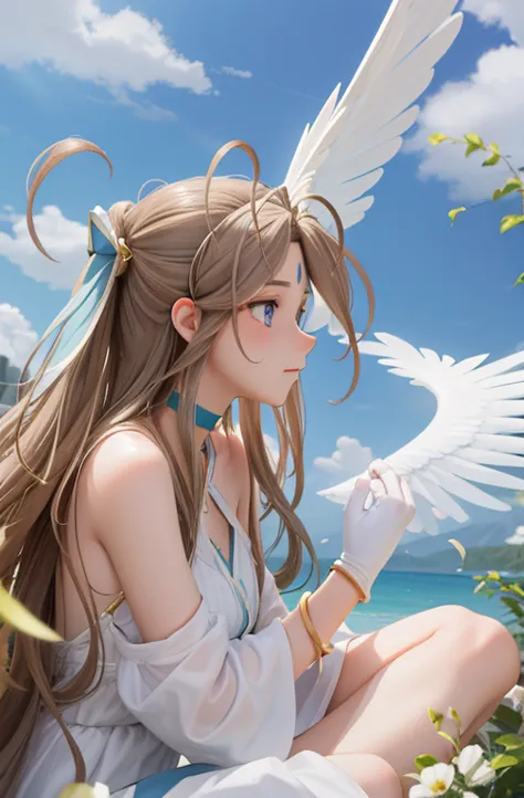 (masterpiece), highest quality, high resolution, belldandy, long hair, blue eyes, brown hair, traces of face, forehead mark, glo...