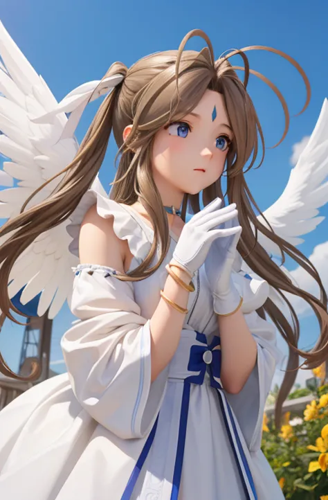 (masterpiece), highest quality, High resolution, Belldandy, long hair, blue eyes, brown hair, traces of face, Forehead mark, glo...