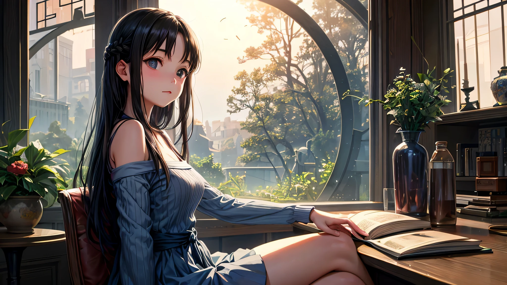 Anime girl sitting at a desk with a book and a book - SeaArt AI