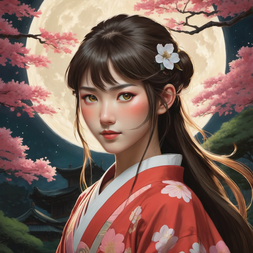 (mejor calidad,4k,alta resolución,obra maestra:1.2),ultra detallado,(Realista:1.37),Una chica con el pelo largo y suelto.,fascinantes ojos verdes, y una sonrisa traviesa, vistiendo un kimono rojo vibrante adornado con intrincados patrones florales, de pie en un exuberante jardín rodeado de cerezos en flor [1 chica]. La niña se muestra en una pose dinámica., sosteniendo un marcador de pintura dorada mientras crea con gracia un boceto en un papel negro grande. 

El boceto comienza con unos pocos trazos rápidos., formando un contorno del personaje icónico Mononoke-hime de la película de anime de Hayao Miyazaki. Las líneas del boceto fluyen a la perfección., capturando la presencia fuerte y feroz de Mononoke-hime. El marcador de pintura dorada brilla bajo la suave luz de la luna., enfatizando la atmósfera mágica. 

La obra de arte está creada al estilo de Vince Lowe., conocido por sus expresivos y espontáneos bocetos de una sola línea. La simplicidad de la técnica de una sola línea añade un toque de elegancia y captura la esencia del carácter de Mononoke-hime.. El boceto tiene una cualidad etérea., con sombreados sutiles y reflejos que aportan profundidad a la composición. 

El papel negro proporciona un contraste sorprendente y realza la riqueza de los colores utilizados.. Los cerezos en flor del jardín circundante están en plena floración., sus delicados pétalos de rosa flotan suavemente en el aire. El jardín está lleno de flores vibrantes, añadiendo toques de color al entorno sereno. 

La obra de arte está representada con gran atención al detalle y realismo.. Cada trazo y línea del boceto se captura con precisión., mostrando la habilidad del artista. Las sombras y las luces en el rostro de Mononoke-hime resaltan sus rasgos y reflejan el suave brillo de la luna.. La atmósfera se ve reforzada por el juego de luces y sombras., creando una experiencia visual cautivadora. 

El tono de color general de la obra de arte es cálido y acogedor, con un enfoque en tonos tierra y tonos dorados.. La iluminación es suave y gentil., añadiendo una sensación de tranquilidad a la escena. La elección del color por parte del artista y 